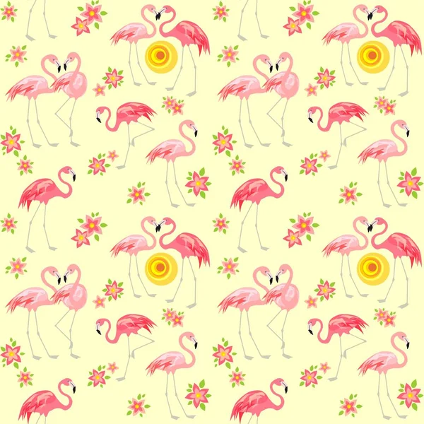 Bezproblemowa Tapeta Letnia Różowymi Ptakami Flamingowymi Słońcem Kwiatami Frangipani Druku — Wektor stockowy