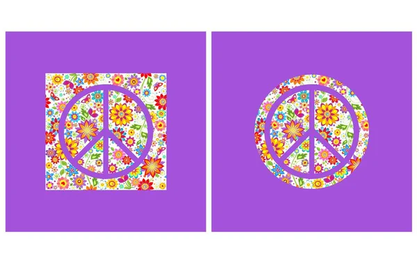 Variace Trička Potisky Hipísáckým Symbolem Míru Květinovým Vzorem Fialovém Pozadí — Stockový vektor
