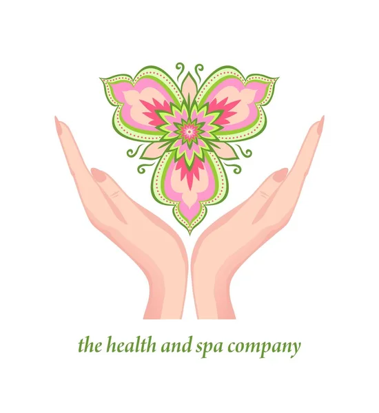 Modelo Logotipo Com Mãos Femininas Segurando Bela Flor Orquídea Abstrata — Vetor de Stock