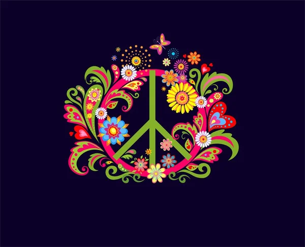 Camiseta Estampado Moda Fondo Oscuro Con Peace Hippie Flor Símbolo — Vector de stock