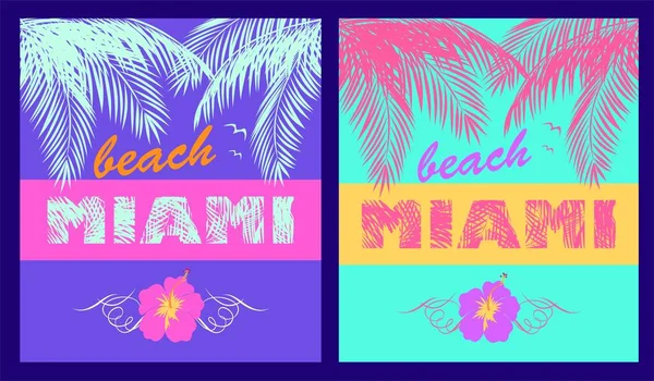 Variación Estampados Neón Moda Con Letras Playa Miami Hojas Palma — Archivo Imágenes Vectoriales