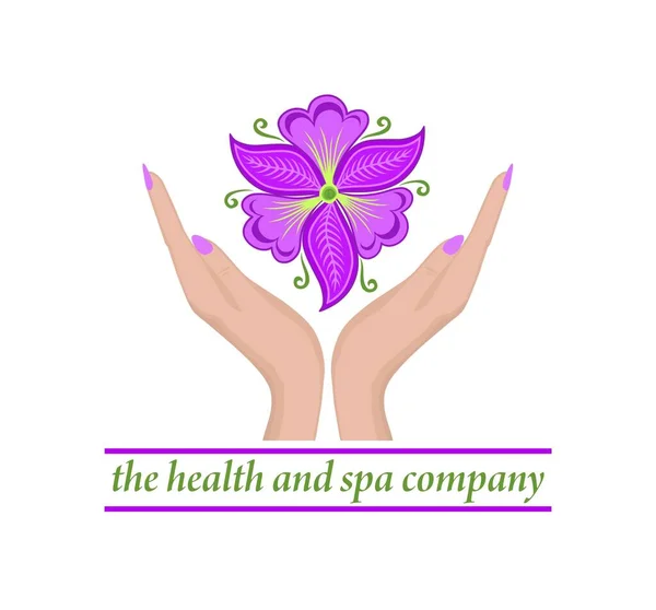 Logo Template Female Hands Holding Beautiful Abstract Violet Phalaenopsis Flower — Stock Vector