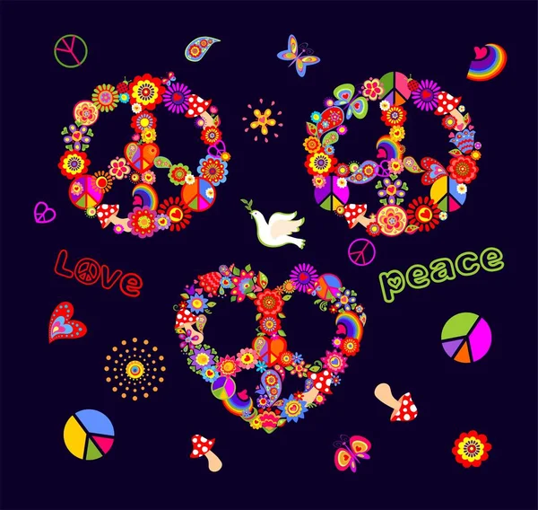 Lustige Bunte Peace Hippie Symbole Mit Flower Power Fliegenpilz Paisley — Stockvektor