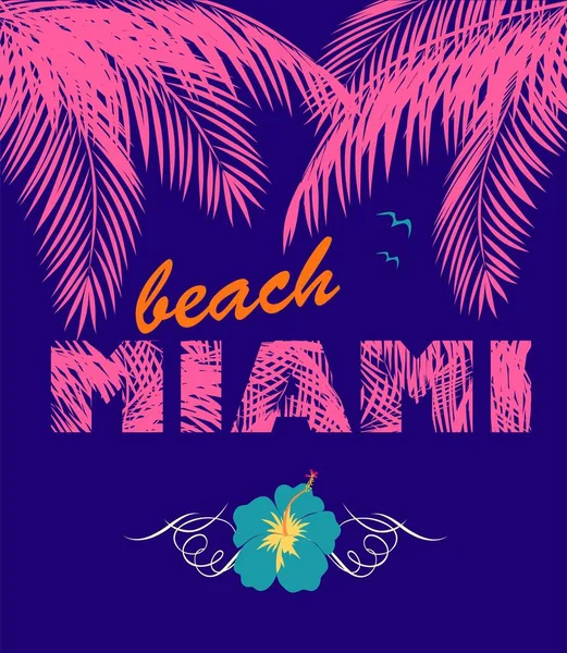 Fondo Violeta Con Letras Playa Miami Hojas Palma Coco Rosa — Archivo Imágenes Vectoriales