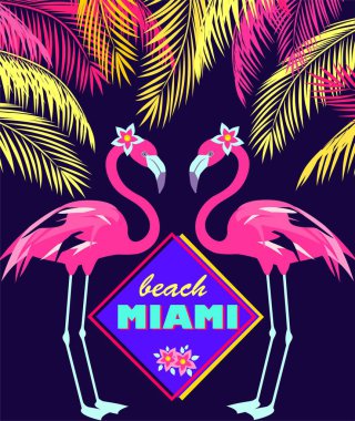 Miami plaj partisi için komik bir davetiye. Yelpazeli palmiyeler, kesilmiş pembe flamingo ve Frangipani çiçekleri. Poster, tişört, düğün, çanta tasarımı için yazdır