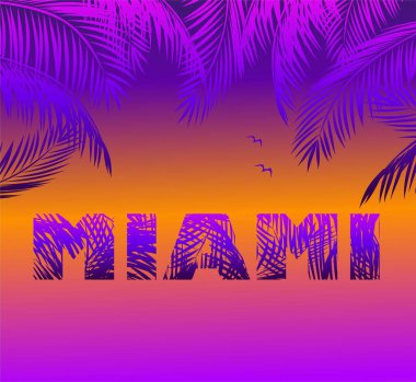 Miami Sunset tişörtü ve giysi baskısı moda tasarımı için palmiye ağaçları tipografi, plaj partisi afişi.