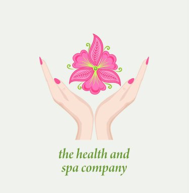 Sağlık hizmetleri, spa ve masaj salonu, kozmetik, güzellik endüstrisi logosu için soyut pembe orkide çiçeği tutan kadın eli şablonu
