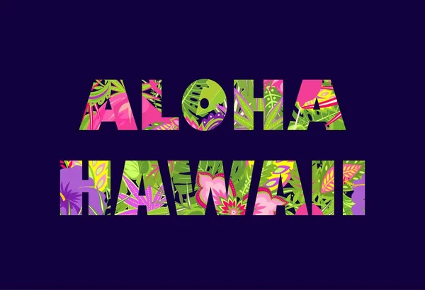 Aloha Hawaii Lettering Com Estampa Floral Tropical Fundo Azul Marinho —  Vetores de Stock