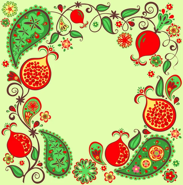 Persian Floral Ethnic Frame Abstract Pomegranate Fruit Flowers Paisley — Stock Vector