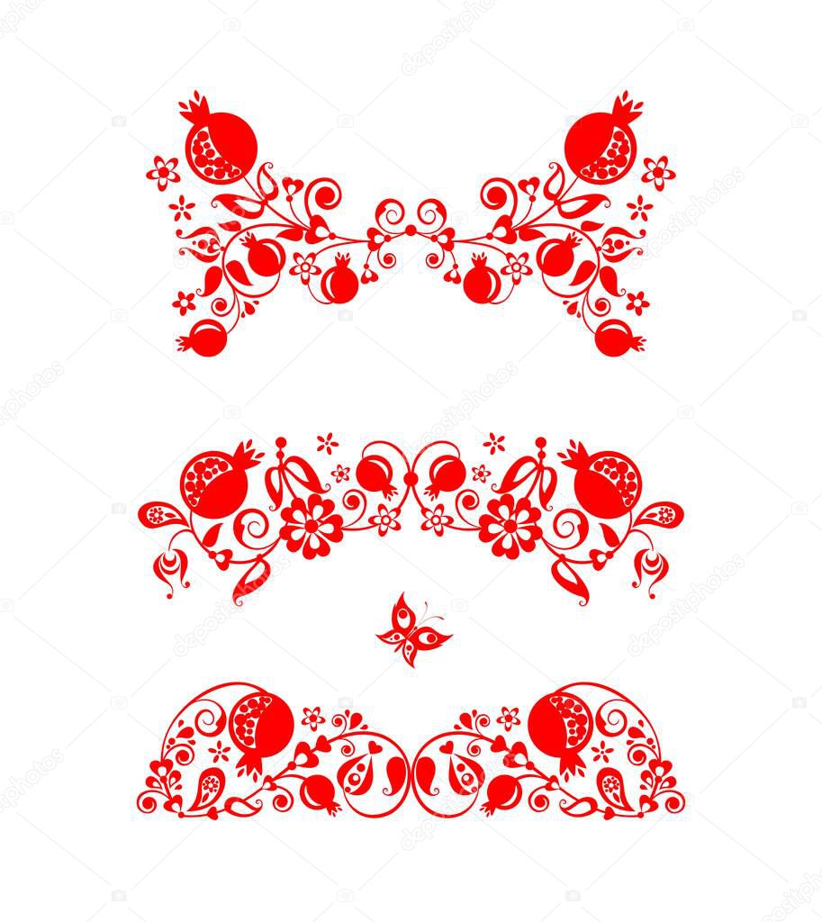 Beautiful floral folk red decorative headers with abstract pomegranate tree, fruit and flowers for greeting card, wedding invitation, book dividers, ethnic embroidery, fashion print on white background