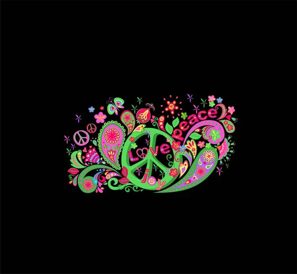 色彩艳丽的迷人迷幻图案 带有嬉皮士绿色和平的象征 花朵的力量 和平与欢乐的字眼 蝴蝶和黑色背景的帕斯利 — 图库矢量图片
