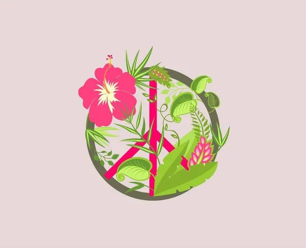 Peace Hippie Symbool Met Palmtakken Tropische Bladeren Roze Hibiscus Bloem — Stockvector