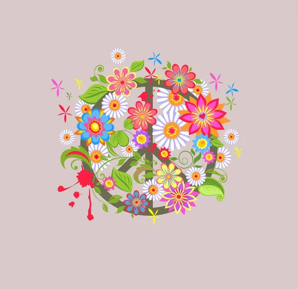 Koszulka Moda Nadruk Peace Hippie Kwiaty Symbol Abstrakcyjne Kolorowe Kwiaty — Wektor stockowy