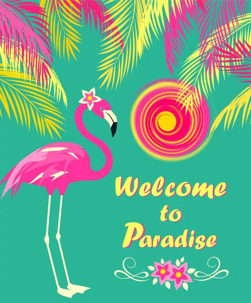 Poster Tropicale Color Menta Con Fenicottero Rosa Fiori Frangipani Sole — Vettoriale Stock