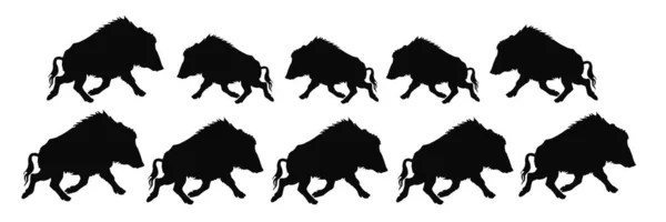 Vector Isolated Image Black Silhouettes Running Wild Boars White Background — Stock Vector