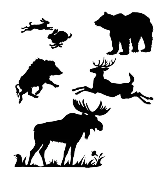 Collection Black Isolated Silhouettes Forest Animals White Background — Stock Vector