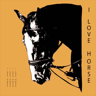 renkli arka plan ve yazı üzerinde dizginlenmiş safkan at başının görüntü  