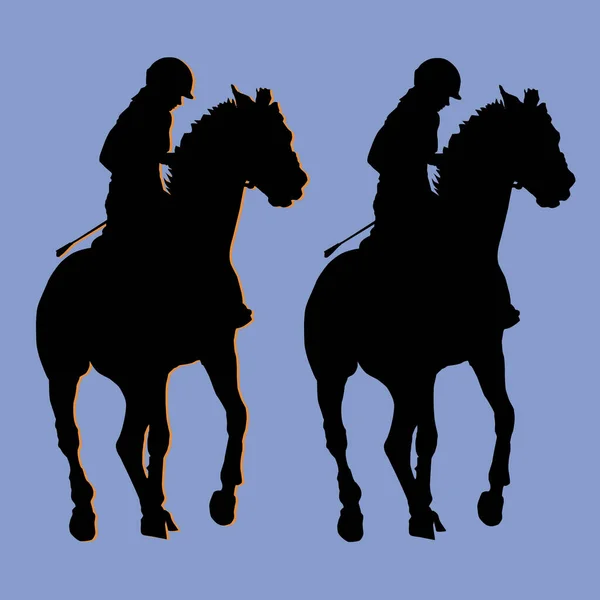 两个骑手的轮廓 蓝色背景上孤立的黑色轮廓 明信片 — 图库照片
