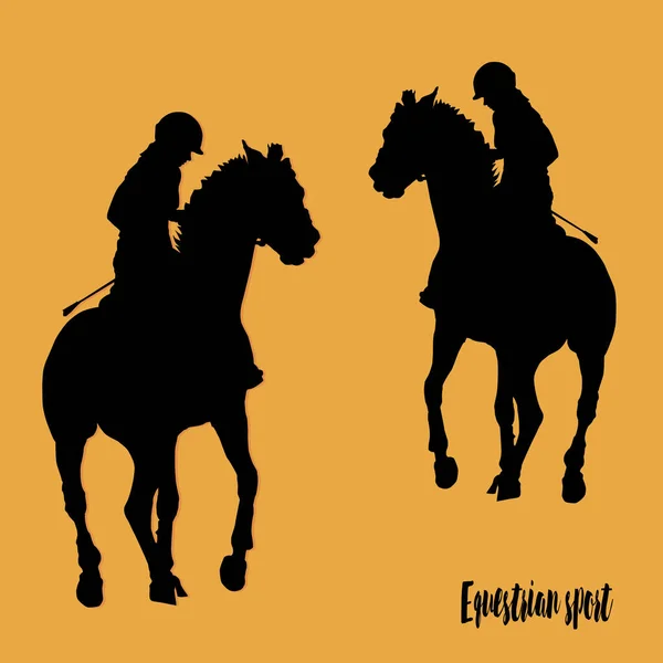 Silhouette of two riders, isolated black silhouette on a orange background, banner, postcard