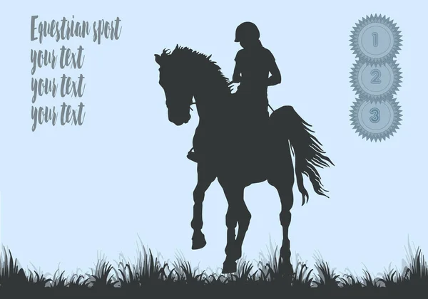 骑马者的轮廓 高档花环 马术运动 蓝色背景上孤立的黑色轮廓 文字的空间 明信片 — 图库照片