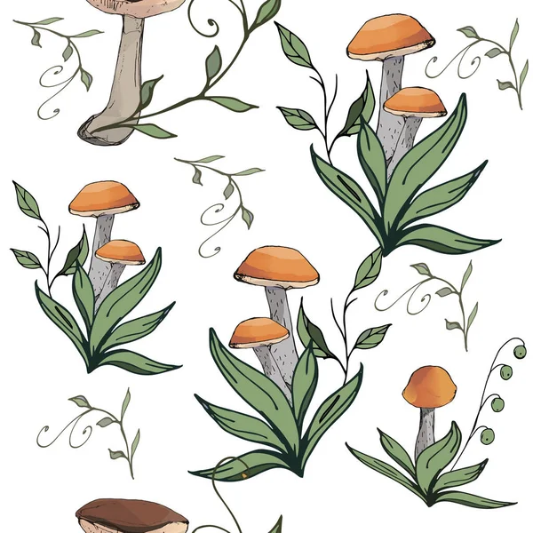 Mushrooms edible vegeterian organic mushrooming seamless pattern, illustration. boletus, aspen mushroom, pattern