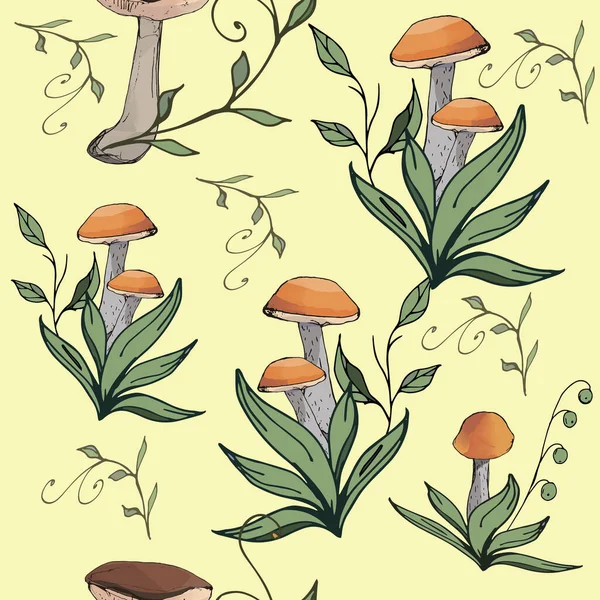 Mushrooms Edible Vegeterian Organic Mushrooming Seamless Pattern Illustration Boletus Aspen — Stock Photo, Image