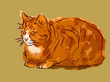  painted color image of a reclining red cat on a  colored background, for decoration, postcards clipart