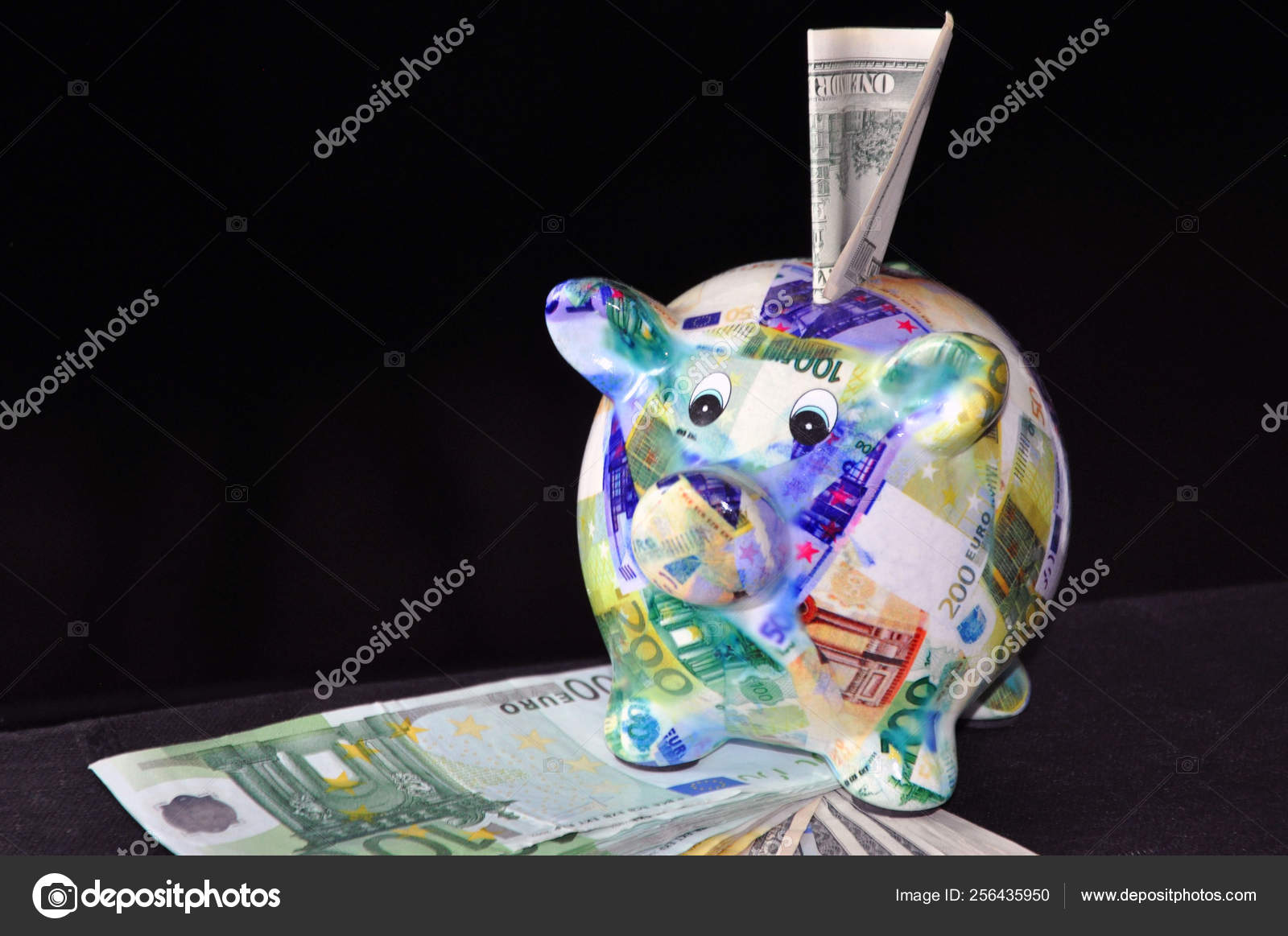 Piggy Bank With Drawings Of Banknotes On A Black Background - 