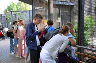 Moskova, Rusya - 25 Mayıs 2019: Hayvanat bahçesinde ki cep telefonu cihazlarından fotoğraf çekmek ve video çekmek