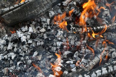 Yanan oggr, sıcak közler. Barbekü, ızgara, kebap.