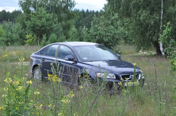 Un coche está estacionado en la hierba fuera de la ciudad — Foto de Stock