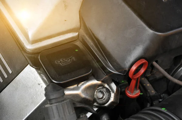 Motor oil cap under the hood of a car