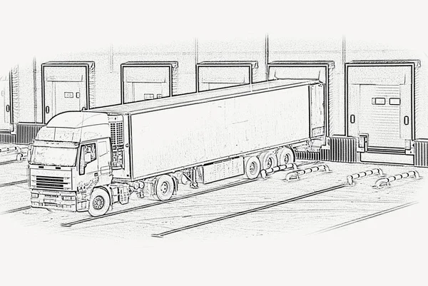 Unloading trucks in a modern warehouse. Illustration.