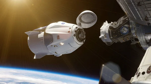 将Spacex Crew Dragon号飞船与国际空间站对接 美国航天局提供的这一图像的要素 — 图库照片