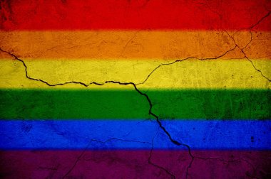 Gökkuşağı bayrağı, Gurur bayrağı, Özgürlük bayrağı. Lezbiyen, eşcinsel, biseksüel ve transseksüel topluluğun uluslararası sembolü. LGBT topluluğu. Duvarda bir çatlak, doku var.