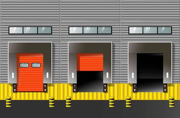 Gran Almacén Distribución Con Puertas Para Carga Mercancías Concepto Apertura — Archivo Imágenes Vectoriales