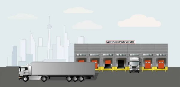 Σύγχρονο Κέντρο Διαχείρισης Παράδοση Εμπορευμάτων Φορτηγό Επίπεδη Διανυσματική Απεικόνιση — Διανυσματικό Αρχείο