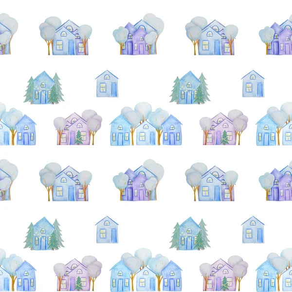 Seamless mönster med vinter hus ritas med färgpennor — Stockfoto