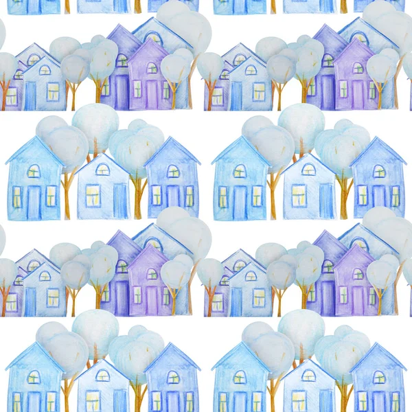 색연필으로 그린 겨울 하우스와 완벽 한 패턴 — 스톡 사진