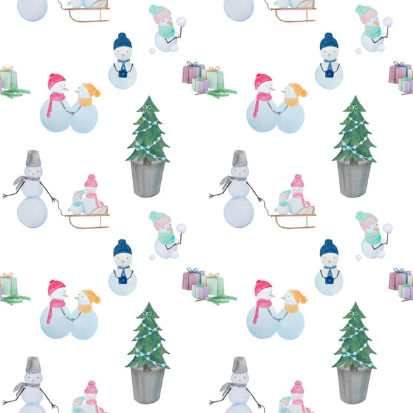 Seamless pattern with snowmen with colored pencils — Stock Photo, Image