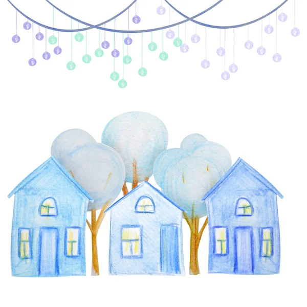 Conjunto de casas de invierno dibujadas con lápices de acuarela de colores — Foto de Stock