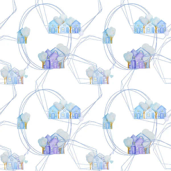 Patrón sin costuras con casas de invierno dibujadas con lápices de colores — Foto de Stock