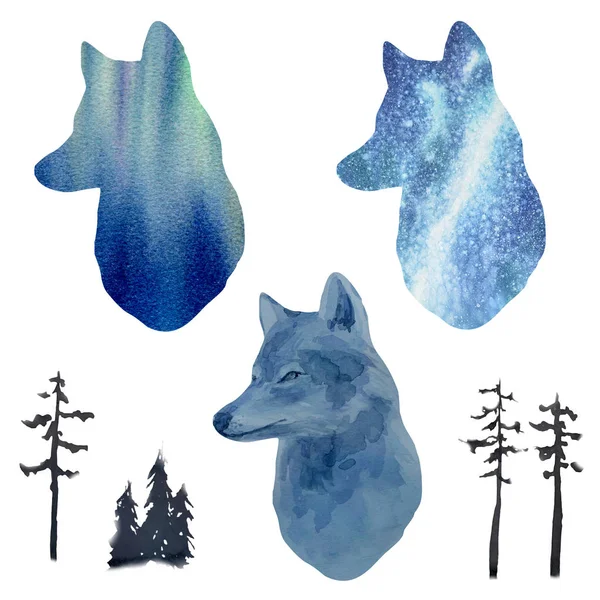 Porträt eines Wolfes und seine Silhouetten vor dem Hintergrund des Nordlichts — Stockfoto
