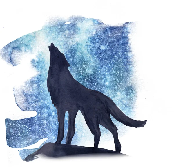 Silhouette wolf on the background of the northern lights watercolor — Stock Photo, Image