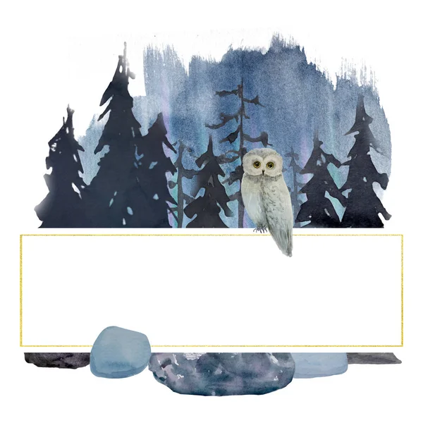 Ακουαρέλα κουκουβάγια χειμώνα στο δάσος. Πλαίσιο. Λογότυπο — Φωτογραφία Αρχείου