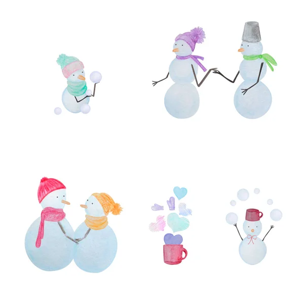 Ensemble d'hiver d'hommes de neige dessinés avec des crayons d'aquarelle de couleur — Photo