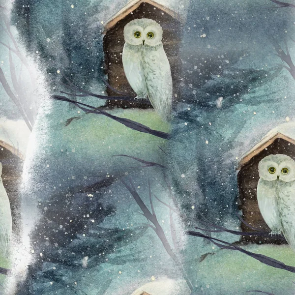 Winternahtloses Muster mit Eule im Wald — Stockfoto