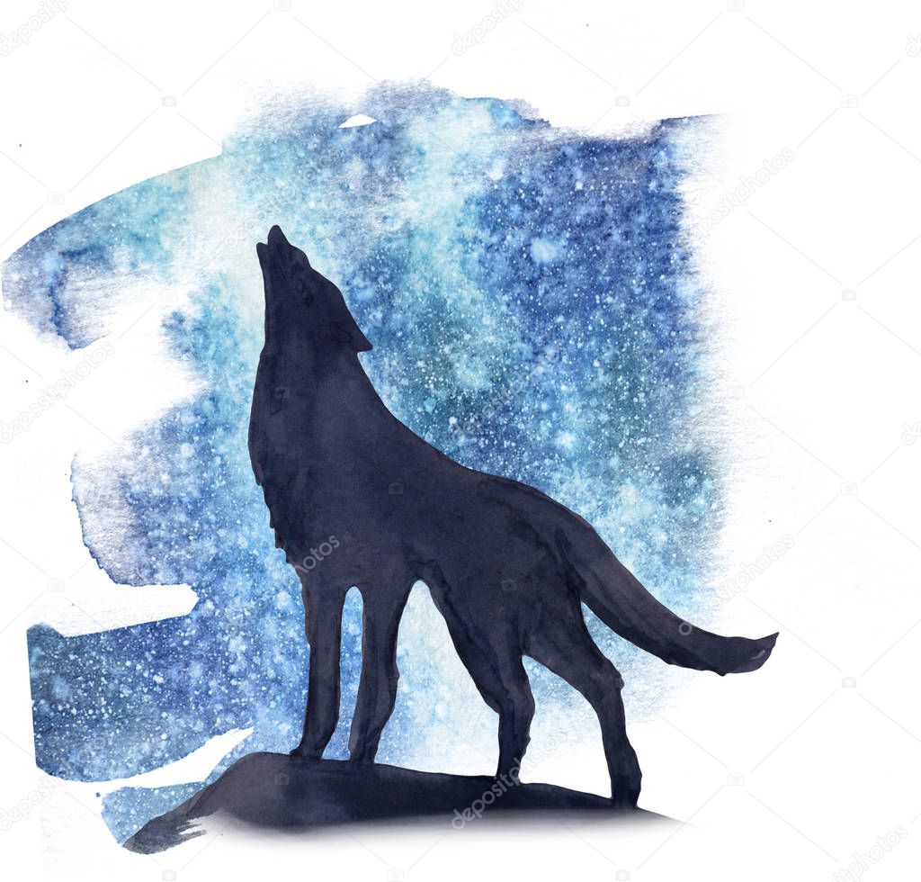 silhouette wolf on the background of the northern lights watercolor