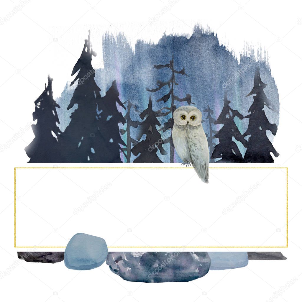 Winter watercolor owl in forest. Frame. Logo