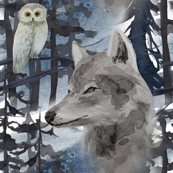 Winter nahtlose Muster mit Wolf im Wald — Stockfoto